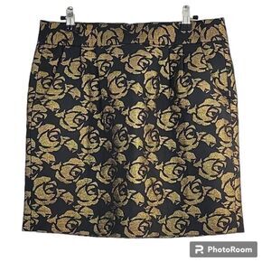 Ann Taylor Loft Brocade Black and Gold Rose Shimmery Skirt- Size 6